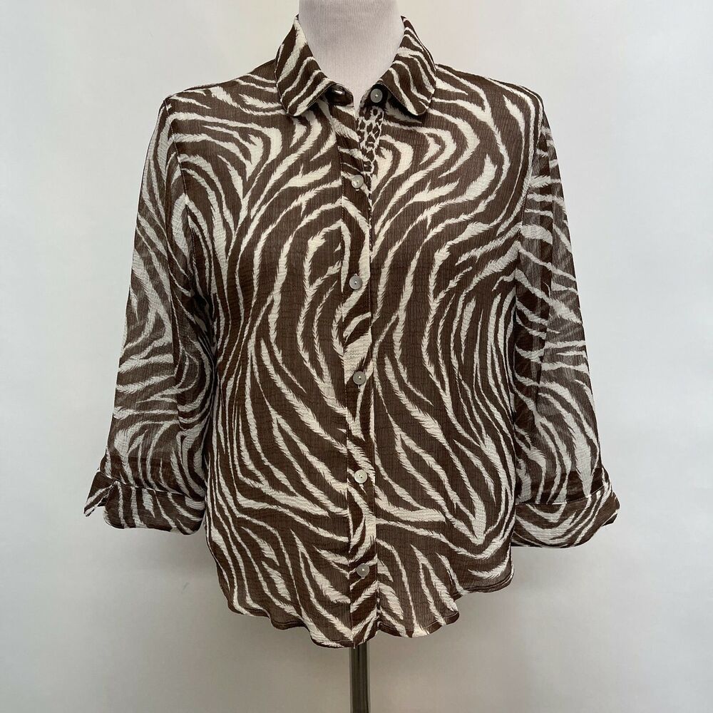 Alfred Dunner Women's Top 12 Petite Brown White Short‎ Sleeve Animal Print